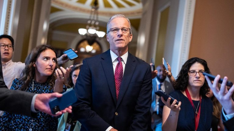 Senate Majority Leader John Thune talks with reporters at the Capitol after